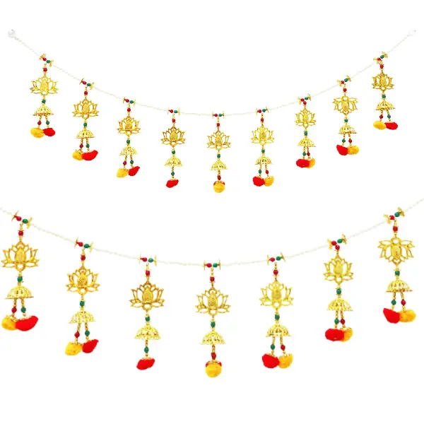 Traditional Golden Lotus Toran with Pearl Beads and Festive Pom-Poms main