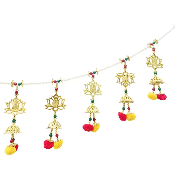 Traditional Golden Lotus Toran with Pearl Beads and Festive Pom-Poms4