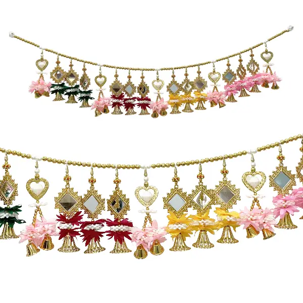 Traditional Golden Mirror Toran with Artificial Flowers and Beaded Garland main