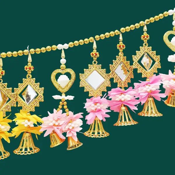Traditional Golden Mirror Toran with Artificial Flowers and Beaded Garland2