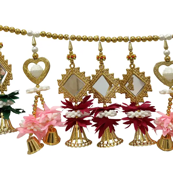 Traditional Golden Mirror Toran with Artificial Flowers and Beaded Garland3