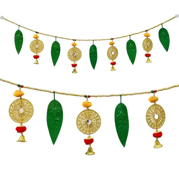 Traditional Golden Round Mirror Toran with Pom-Poms and Mango Leaves main