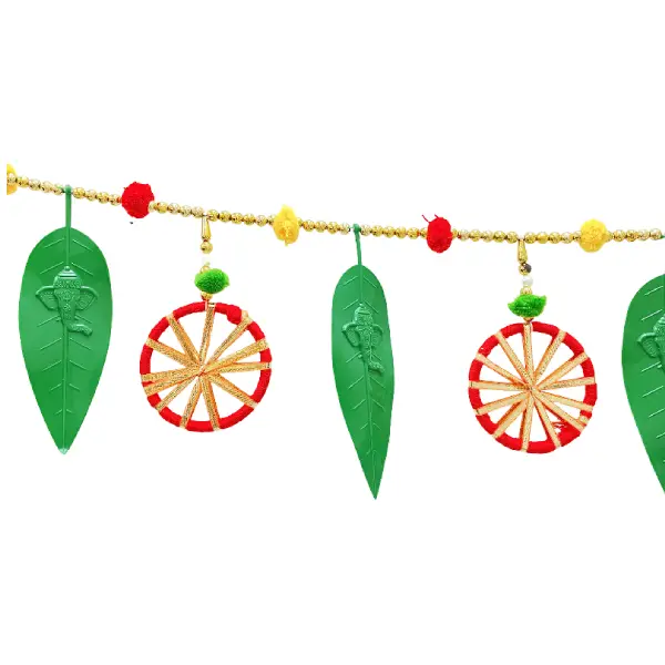 Traditional Golden Round Mirror Toran with Pom-Poms and Mango Leaves main1