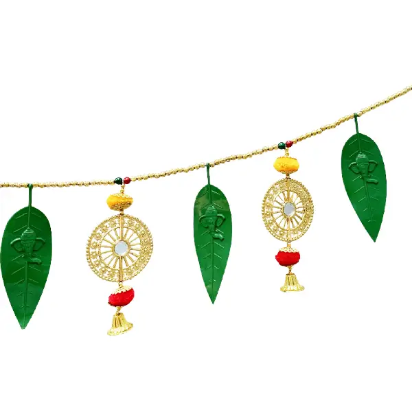 Traditional Golden Round Mirror Toran with Pom-Poms and Mango Leaves4