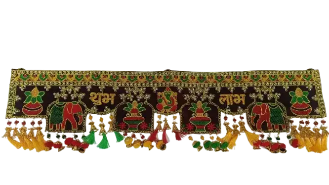 Traditional Gujarati Shubh Labh door hanging bandhanwar with beads and colorful tassels
