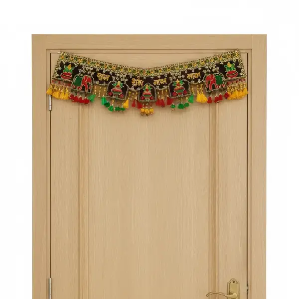 Traditional Gujarati Shubh Labh door hanging bandhanwar with beads and colorful tassels1 (1)