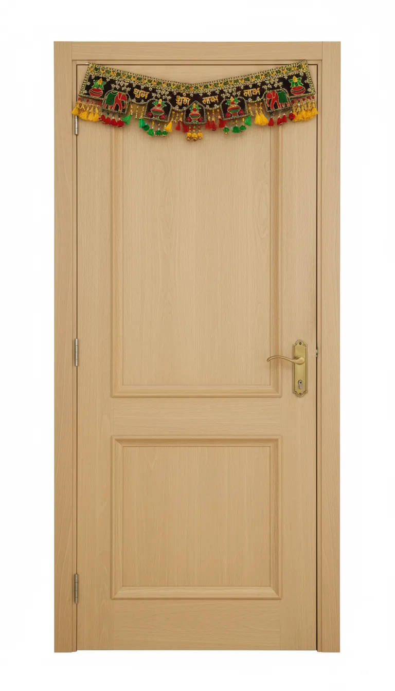 Traditional Gujarati Shubh Labh door hanging bandhanwar with beads and colorful tassels1
