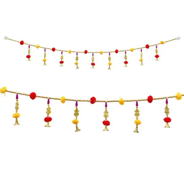 Traditional Pom Pom Toran with Bells and Golden Beads for Festive Decoration main