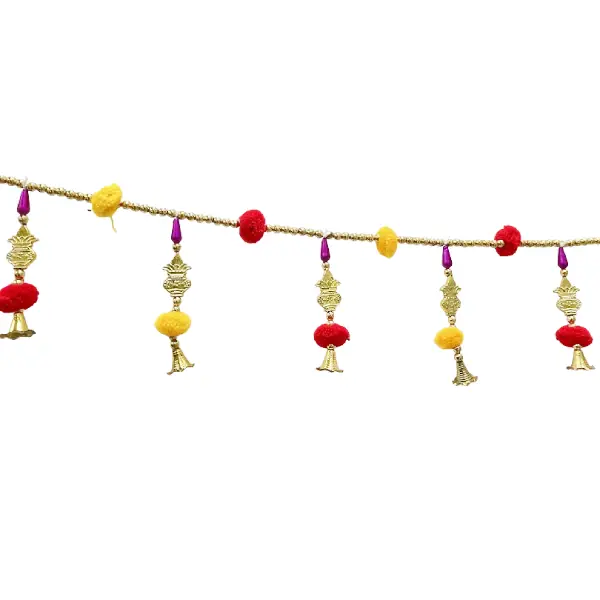 Traditional Pom Pom Toran with Bells and Golden Beads for Festive Decoration main4