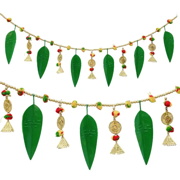 Traditional mango leaf toran with swastik design and golden bells1
