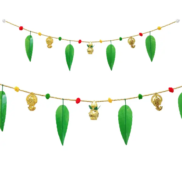 Traditional toran with green mango leaves, Ganesha motifs, and kalash