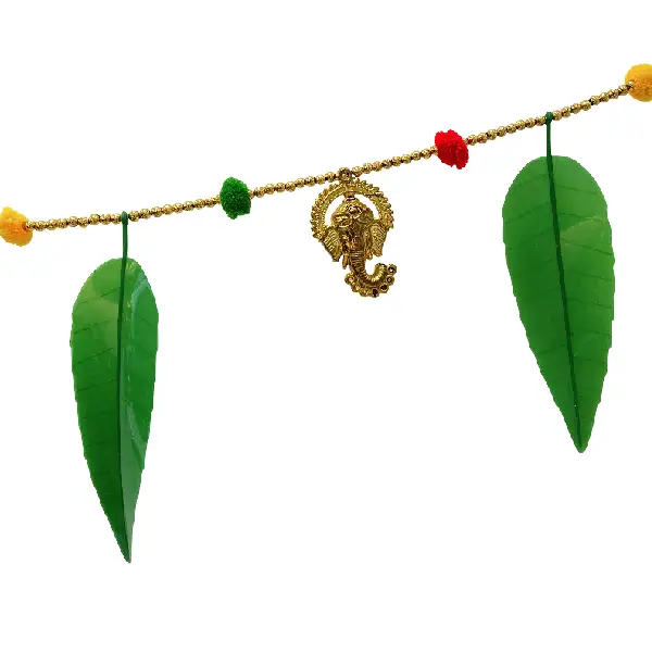 Traditional toran with green mango leaves, Ganesha motifs, and kalash4