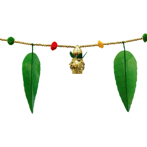 Traditional toran with green mango leaves, Ganesha motifs, and kalash5