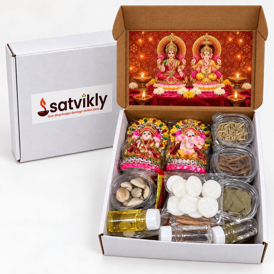 Satvikly Diwali Puja Kit with Lakshmi Ganesha idols and puja samagri