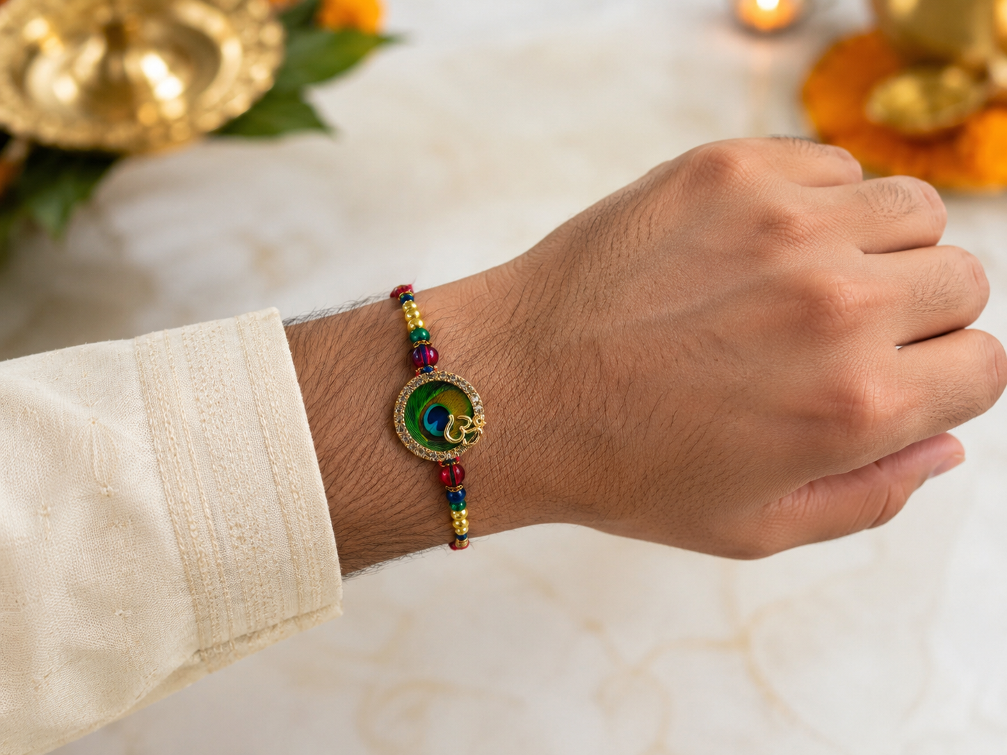 Om Peacock Feather Devotional Rakhi1 Om Peacock Feather Devotional Rakhi