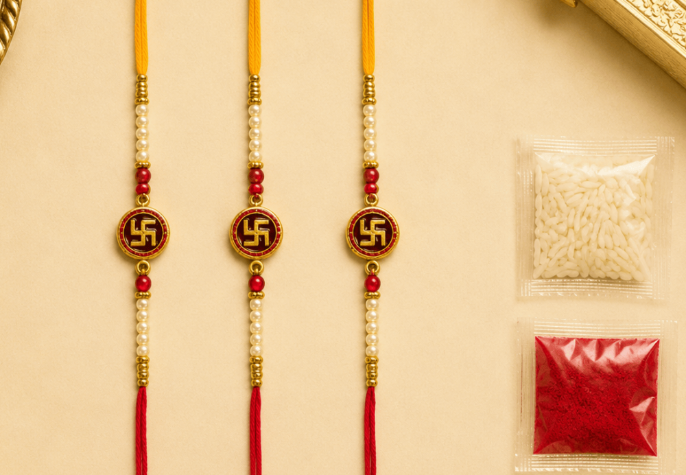 Swastik Red Mauli Designer Rakhi Combo Set of 3 for Raksha Bandhan