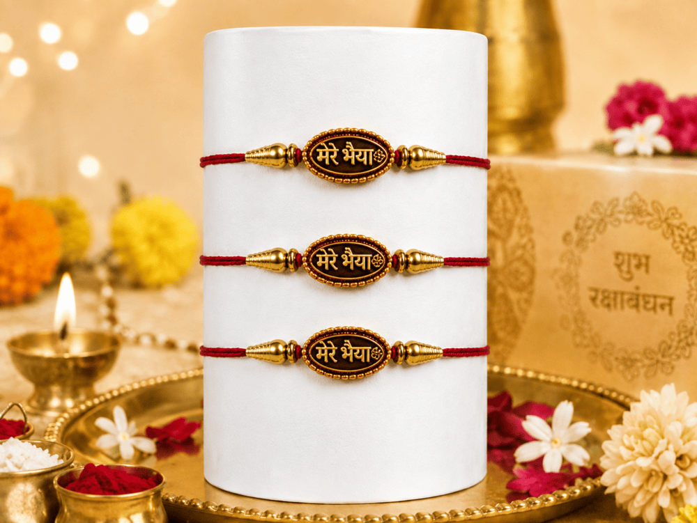 Mere Bhaiya Rakhi for Brother | Set of 3 Gold Beads Raksha Bandhan Rakhis
