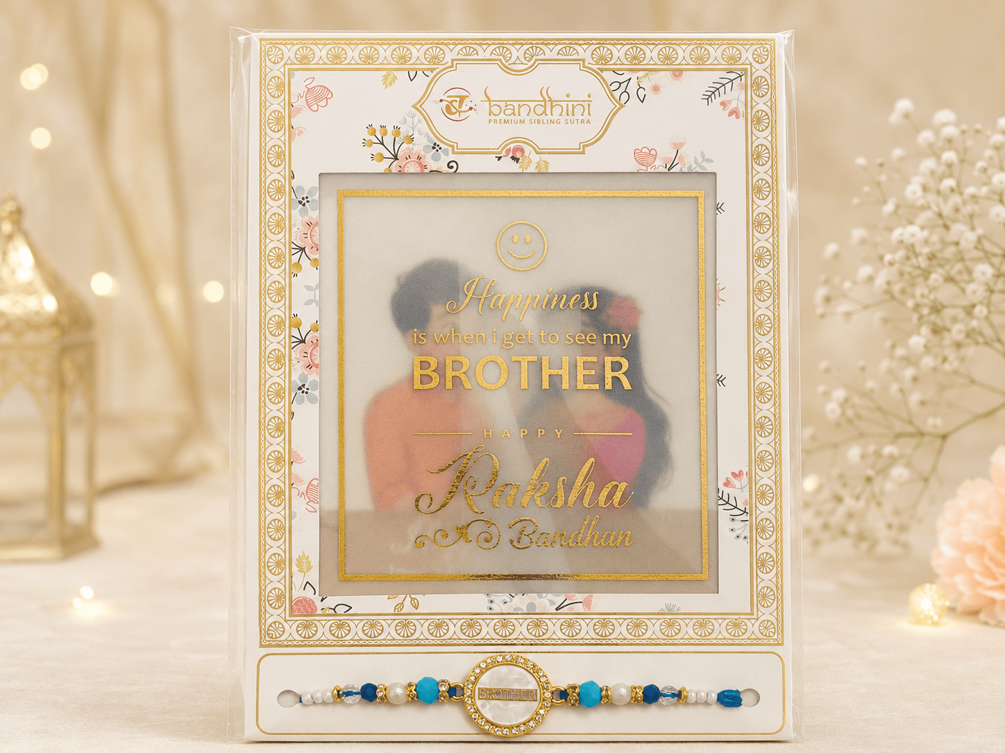 Blue Pearl Brother Rakhi with Greeting Card