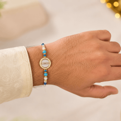 Blue Pearl Brother Rakhi with Greeting Card