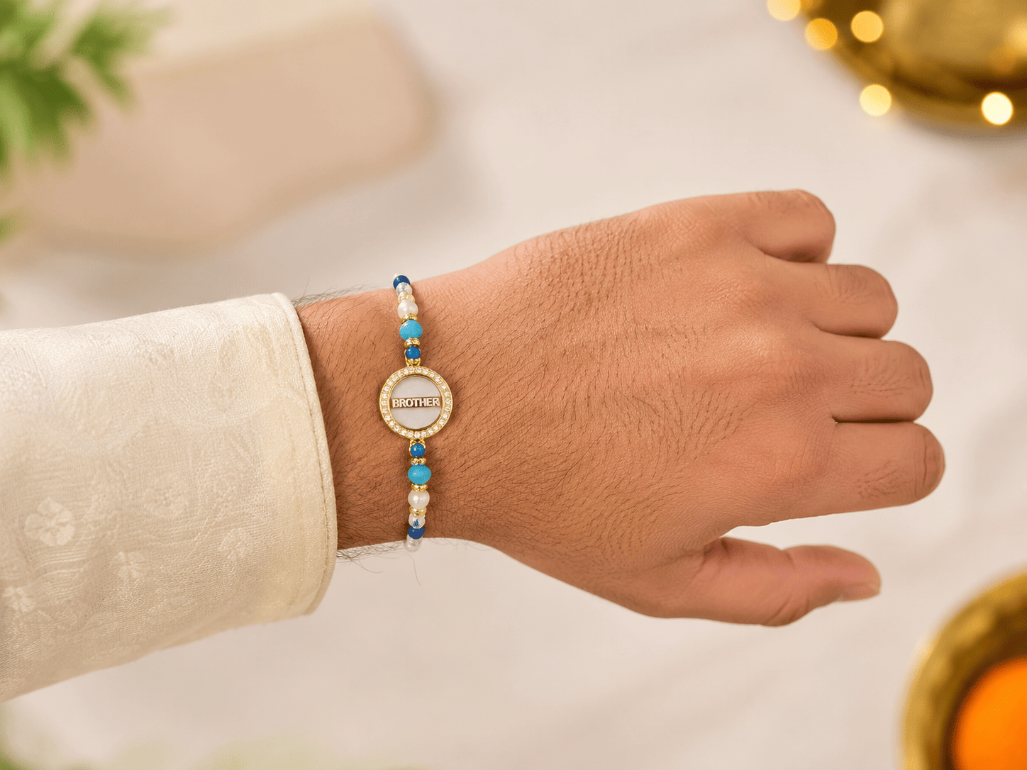 Blue Pearl Brother Rakhi with Greeting Card1 Blue Pearl Brother Rakhi with Greeting Card
