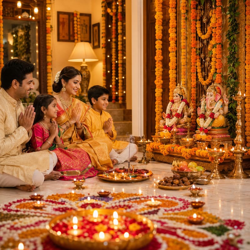 Diwali Puja altar with Lakshmi and Ganesh