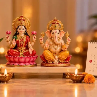 Lakshmi and Ganesh murtis arranged for Diwali worship