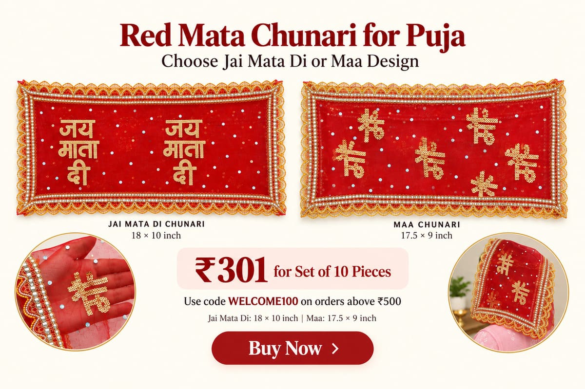 Red Mata Chunari for Puja | Choose Jai Mata Di or Maa Design | Gold Embroidered Border | Navratri Durga Puja