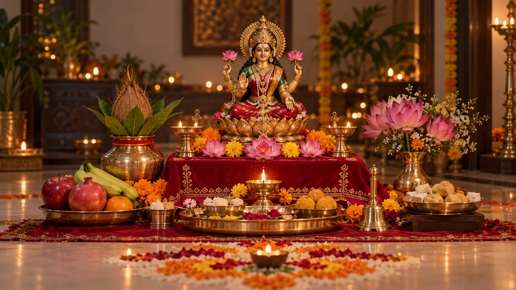 Lakshmi Puja altar prepared for family wellbeing and prosperity