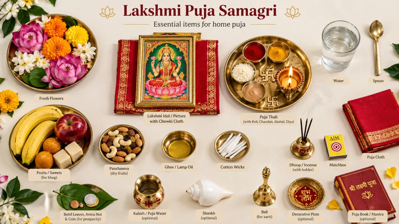 Puja water, spoon and thali arranged with Lakshmi puja samagri