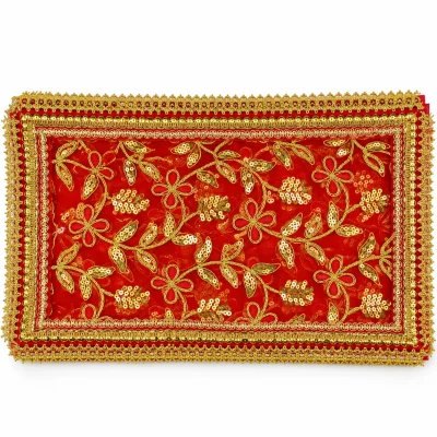 Pack of 10 red embroidered Mata Chunari in floral vine design, 18 by 9.5 inches